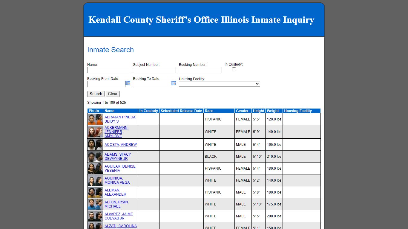 Kendall County Sheriff’s Office Illinois Inmate Inquiry - Inmate Search